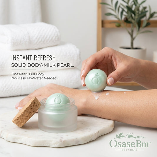 OsaseBm™ Solid Body-Milk Pearls | Mess-Free Waterless Body Lotion Spheres | Deep Hydrating Travel-Friendly Body Balm for Dry Skin, Eco-Friendly Frosted Glass Jar with Sustainable Cork Lid